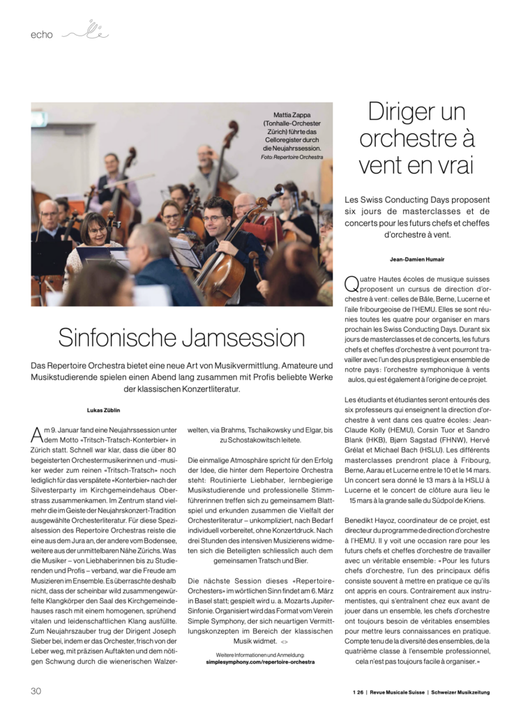 Revue Musicale Suisse on the Repertoire Orchestra: «Sinfonische Jamsession»